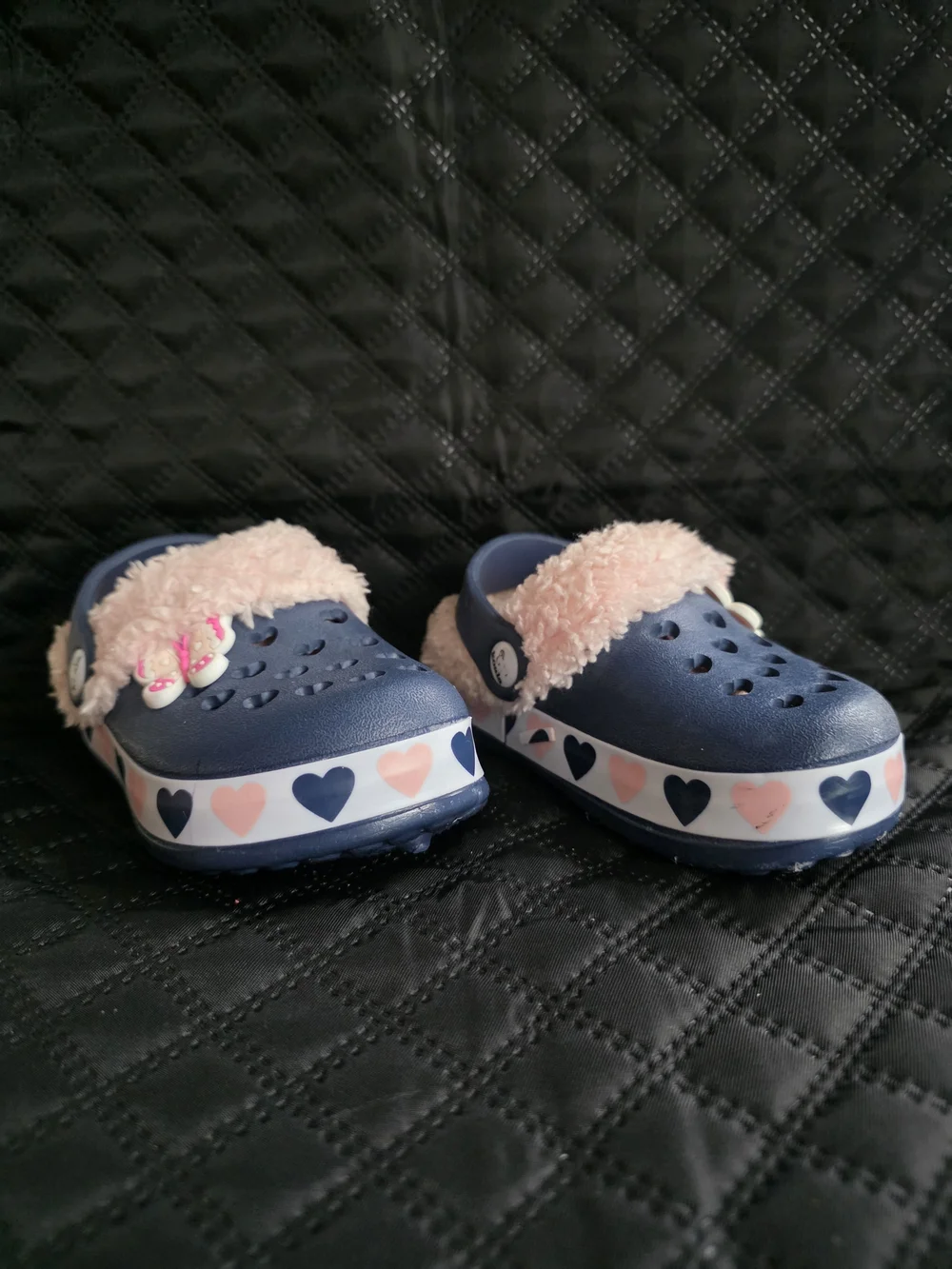Koala Kids Navy Blue Clogs with Pink Fur and Heart Trim